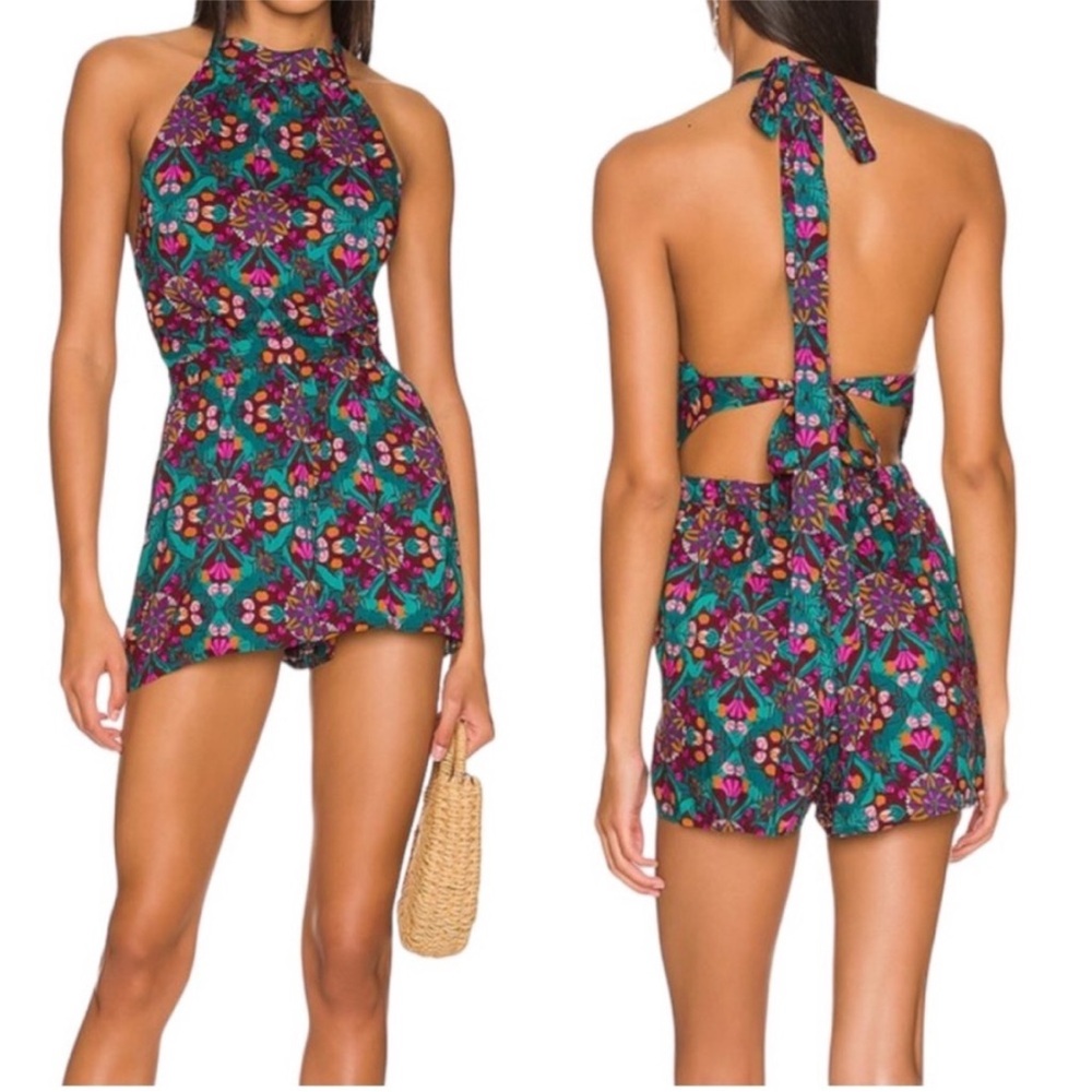 Free People Coral Tides Print Halter Romper in wine combo  small